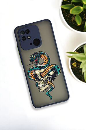 Xiaomi Redmi 10C Uyumlu Skull & Snake Desenli Buzlu Şeffaf Lüx Telefon Kılıfı