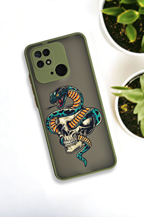 Xiaomi Redmi 10C Uyumlu Skull & Snake Desenli Buzlu Şeffaf Lüx Telefon Kılıfı