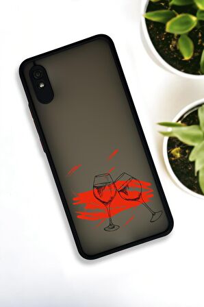 Xiaomi Redmi 9A Uyumlu Spilled Wine Desenli Buzlu Şeffaf Lüx Telefon Kılıfı