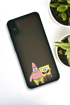 Xiaomi Redmi 9A Uyumlu Sünger Bob ve Patrick Star Desenli Buzlu Şeffaf Lüx Telefon Kılıfı
