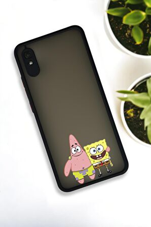 Xiaomi Redmi 9A Uyumlu Sünger Bob ve Patrick Star Desenli Buzlu Şeffaf Lüx Telefon Kılıfı