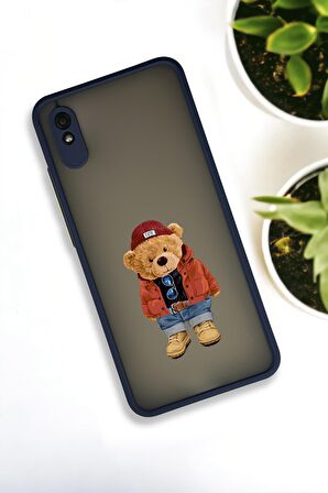 Xiaomi Redmi 9A Uyumlu Teddy Bear Desenli Buzlu Şeffaf Lüx Telefon Kılıfı