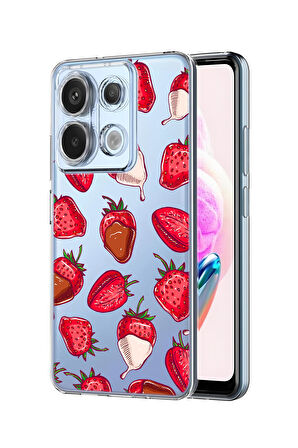 Xiaomi Redmi Note 13 Pro 4G Uyumlu Çikolatalı Çilekler Desenli Premium Silikonlu Şeffaf Telefon Kılıfı