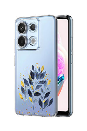Xiaomi Redmi Note 13 Pro 4G Uyumlu Mavi Yaprak Desenli Premium Silikonlu Şeffaf Telefon Kılıfı