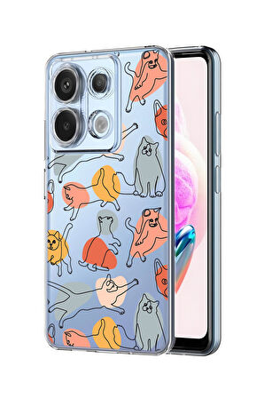 Xiaomi Redmi Note 13 Pro 4G Uyumlu Sevimli Kedi Figürleri Desenli Premium Silikonlu Şeffaf Telefon Kılıfı
