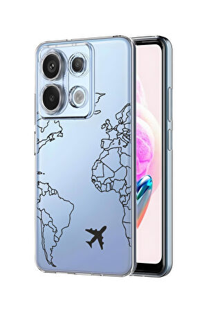 Xiaomi Redmi Note 13 Pro 4G Uyumlu World Map Lines Desenli Premium Silikonlu Şeffaf Telefon Kılıfı