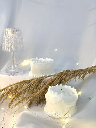 Dekoratif 2'li Kalp ve Yuvarlak Pasta  Soya Mum Set