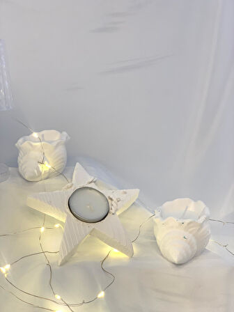 Dekoratif Beton Deniz Kabuğu Soya Mum  Yıldız Desen Tealight Set