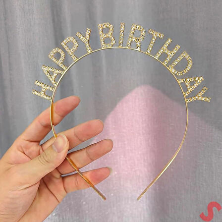 Altın Gold Renk Kristal Taşlı Parlak Happy Birthday Taç 16x17 Cm