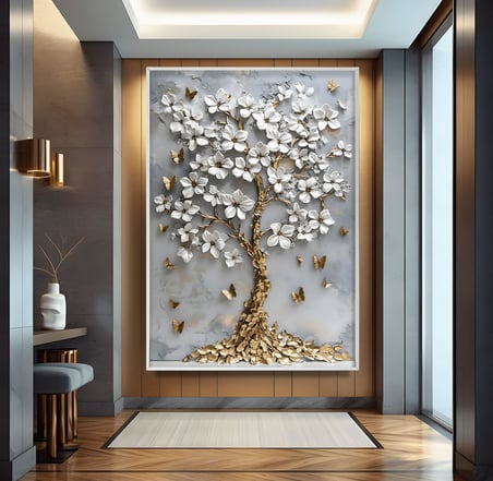 Metal Çerçeveli Gold Ağaç Cam Tablo