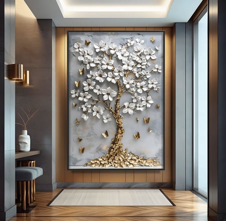 Metal Çerçeveli Gold Ağaç Cam Tablo