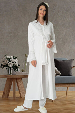 Mecit 1517 Ekru Sabahlıklı Lohusa Pijama Takımı