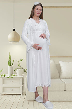 Mecit 1518 Ekru Sabahlıklı Lohusa Gecelik Takım