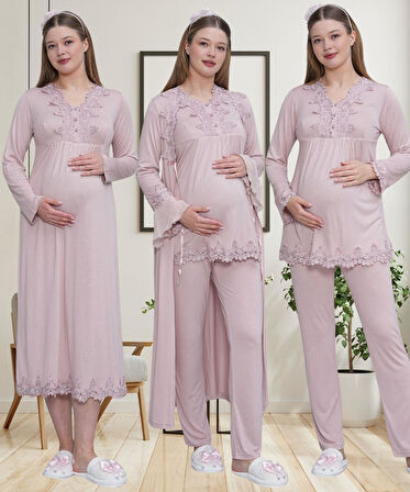 Mecit 1519 Gül Kurusu Lohusa Sabahlık Gecelik Pijama Set