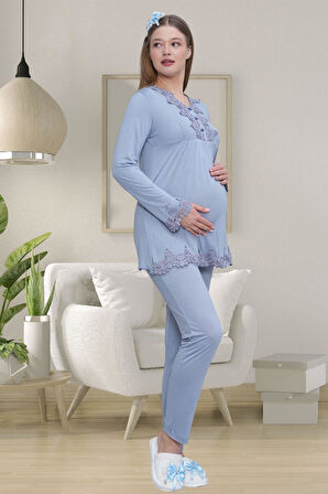 Mecit 1519 Mavi Lohusa Sabahlık Gecelik Pijama Set