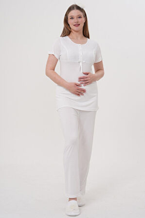 Mecit 1541 Ekru Uzun Sabahlıklı Lohusa Pijama Takımı