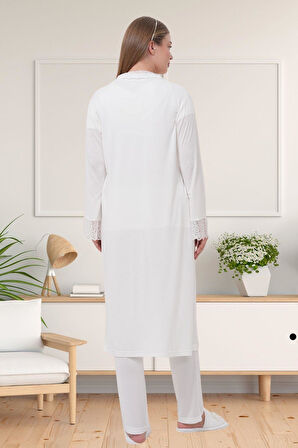 Mecit 1541 Ekru Uzun Sabahlıklı Lohusa Pijama Takımı