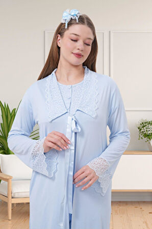 Mecit 1541 Mavi Uzun Sabahlıklı Lohusa Pijama Takımı