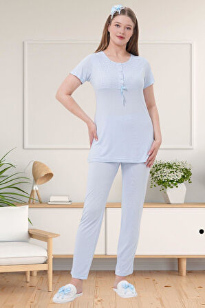 Mecit 1541 Mavi Uzun Sabahlıklı Lohusa Pijama Takımı
