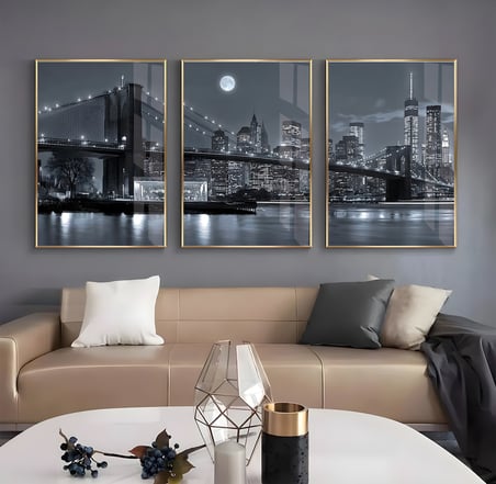 Metal Çerçeveli Üçlü Newyork City Night Cam Tablo