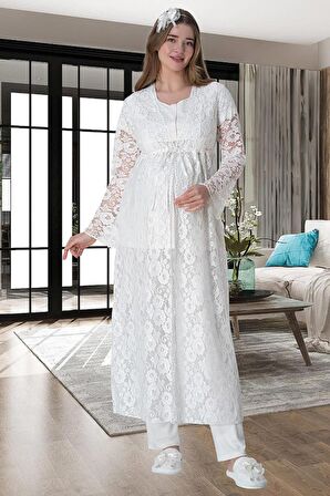 Mecit 6000 Kadın Ekru Dantel Sabahlık Hamile Lohusa Pijama Takımı