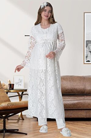 Mecit 6060 Bayan Ekru Sabahlık Gecelik Pijama Hamile Lohusa Set