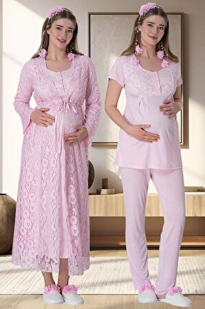 Mecit 6060 Kadın Pembe Sabahlık Gecelik Pijama Hamile Lohusa Set