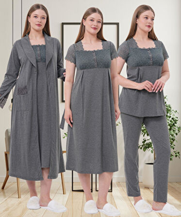 Mecit 6066 Füme Sabahlıklı Gecelik Pijama Lohusa Set