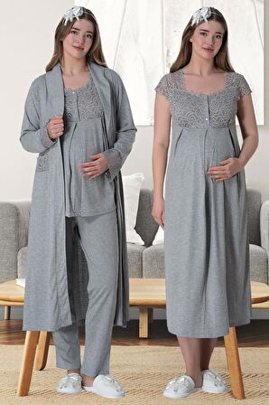Mecit 6066 Bayan Hamile Lohusa Gri Sabahlık Gecelik Pijama Seti