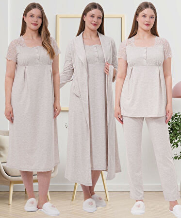 Mecit 6066 Vizon Sabahlıklı Gecelik Pijama Lohusa Set