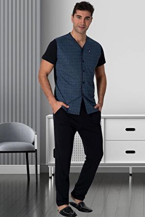 Mecit 2792 Erkek Lacivert Büyük Beden Boydan Düğmeli Pijama Takım