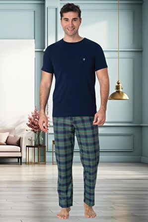 Mecit 2917 Erkek Lacivert Ekoseli Büyük Beden Pijama Takımı