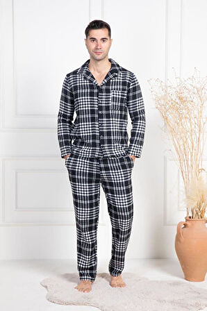 Mecit 2950 Erkek Beyaz Ekoseli Büyük Beden Kışlık Pijama Takımı