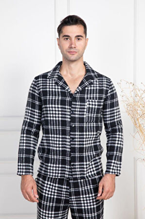 Mecit 2950 Erkek Beyaz Ekoseli Büyük Beden Kışlık Pijama Takımı