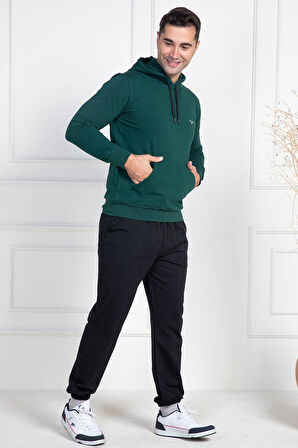 Mecit 2975 Yeşil %100 Pamuk Kapüşonlu Spor Model Büyük Beden Erkek Pijama Takımı
