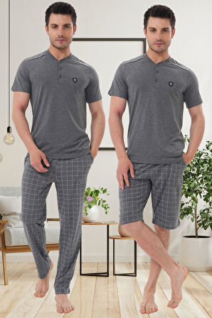 Mecit 2980 Füme Büyük Beden 3 Parça Erkek Şortlu Pijama Takımı