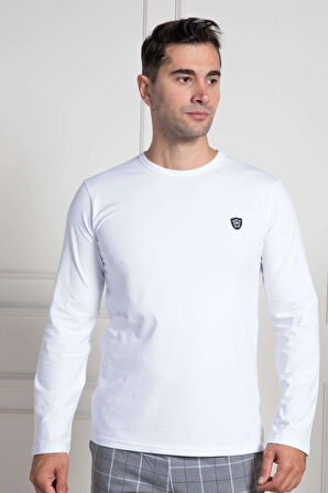 Mecit 3021 Beyaz Bisiklet Yaka Uzun Kollu Likralı Pamuk Erkek Tişört