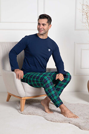 Mecit 3051 Lacivert Ekoseli Erkek Büyük Beden Pijama Takımı