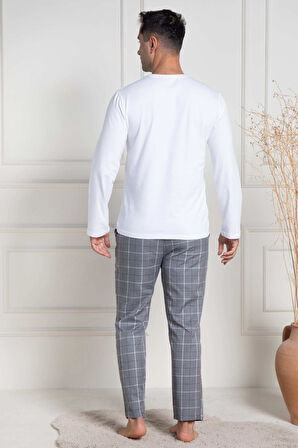 Mecit 3054 Beyaz Ekoseli Erkek Büyük Beden Pijama Takımı