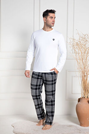 Mecit 3082 Beyaz Ekoseli Büyük Beden Kalın Erkek Pijama Takımı