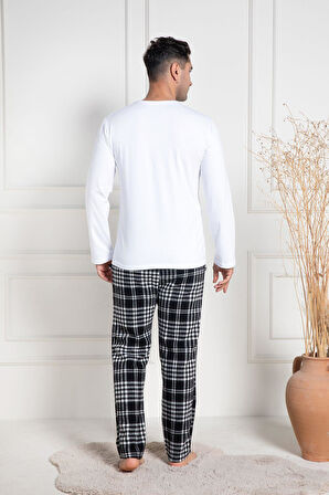 Mecit 3082 Beyaz Ekoseli Büyük Beden Kalın Erkek Pijama Takımı