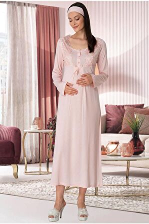 Mecit 5343 Kadın Hamile Lohusa Pudra Dantelli Uzun Kollu Gecelik