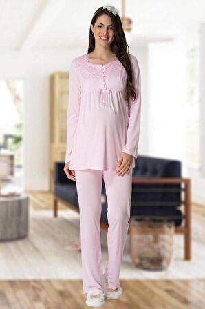 Mecit 5416 Kadın Hamile Lohusa  Pembe Sabahlık Pijama Takımı