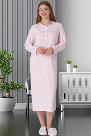 Mecit 5824 Kadın Pembe Büyük Beden Uzun Kollu Gecelik