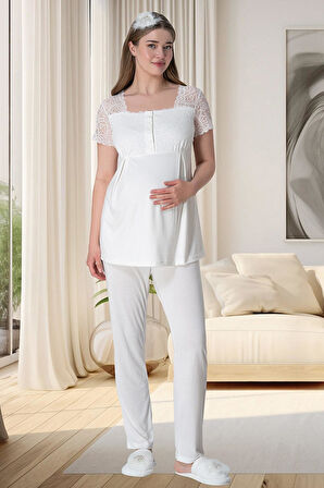 Mecit 6010 Ekru Dantelli Hamile Lohusa Pijama Takımı