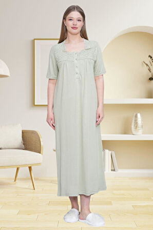 Mecit 6049 Kadın Yeşil Büyük Beden Dantelli Kısa Kollu Gecelik