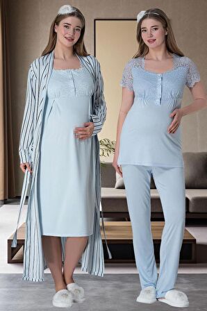 Mecit 6063 Kadın Hamile Lohusa Mavi Sabahlık Gecelik Pijama Set