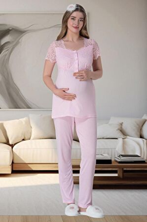 Mecit 6063 Bayan Hamile Lohusa Pembe Sabahlık Gecelik Pijama Set