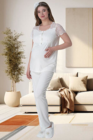 Mecit 6065 Kadın Hamile Lohusa Ekru Sabahlıklı Gecelik Pijama Set