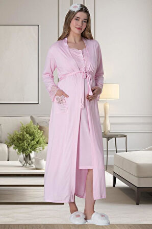 Mecit 6065 Kadın Hamile Lohusa Pembe Sabahlık Gecelik Pijama Set
